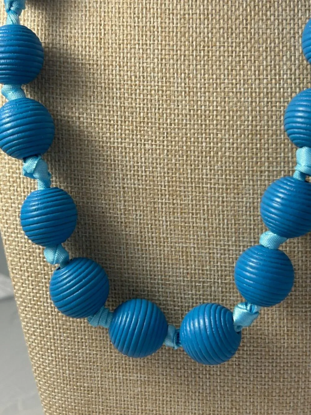 Blue Ribbed Bead Gumball Statement Necklace Satin Ribbon Tie Chunky Boho